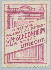 711423 Sluitzegel van C.M. Schoonheim, Kunsthandel, Machinale Lijstenfabriek, Vinkenburgstraat 3-7 te Utrecht.